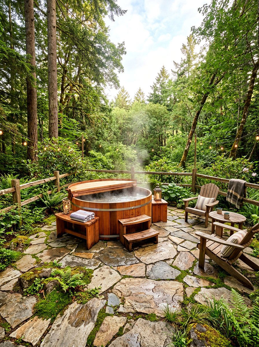Rustic flagstone hot tub - 30 small hot tub patio ideas