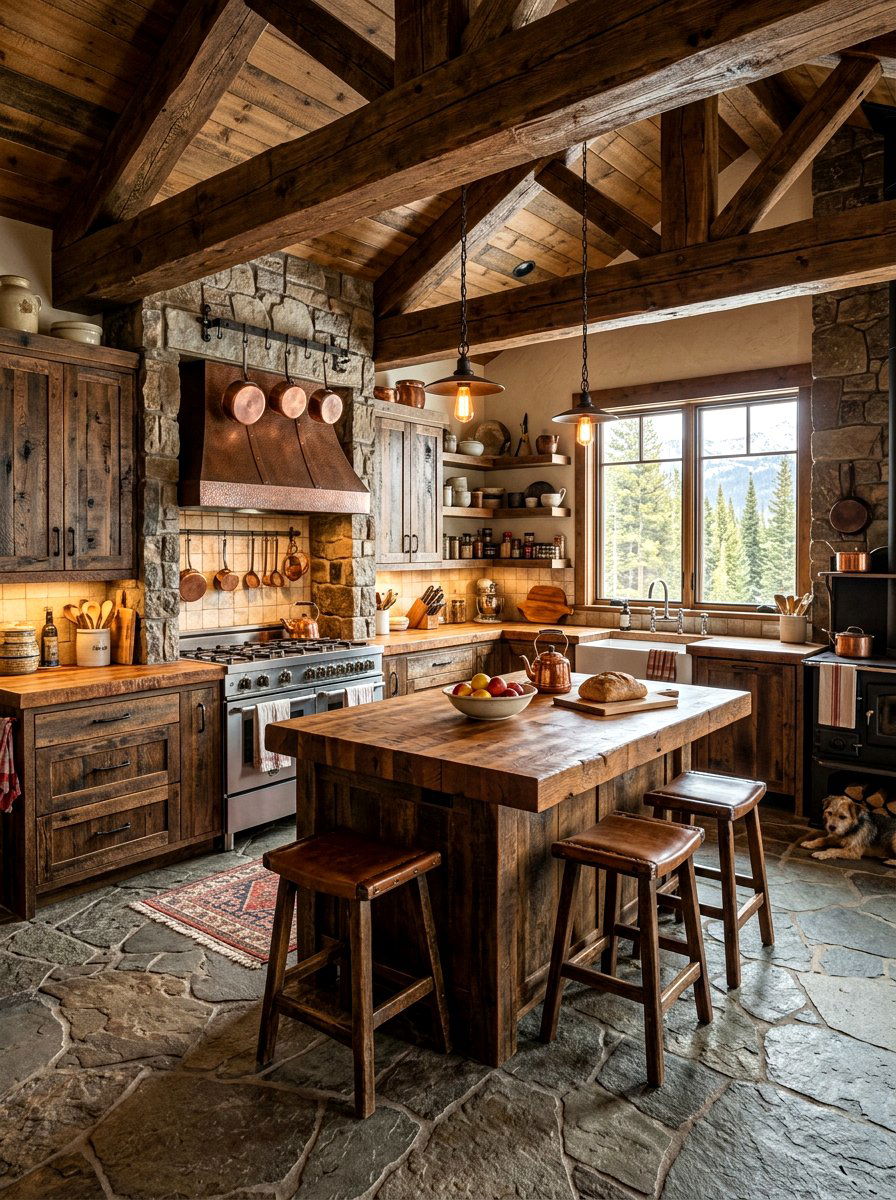 Rustic kitchen with chunky wood tops - 30 butcher block countertop ideas