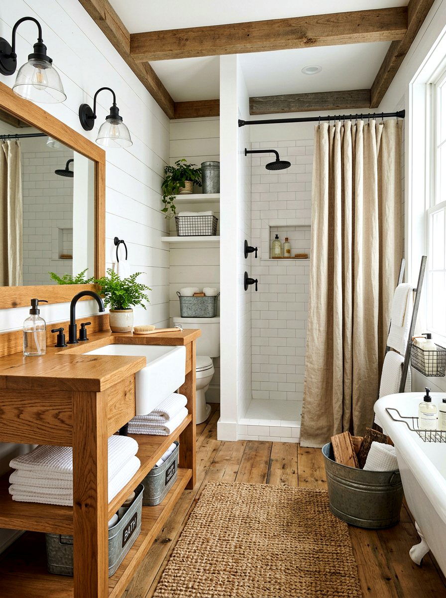 Rustic linen shower curtain - 30 shower curtain bathroom ideas