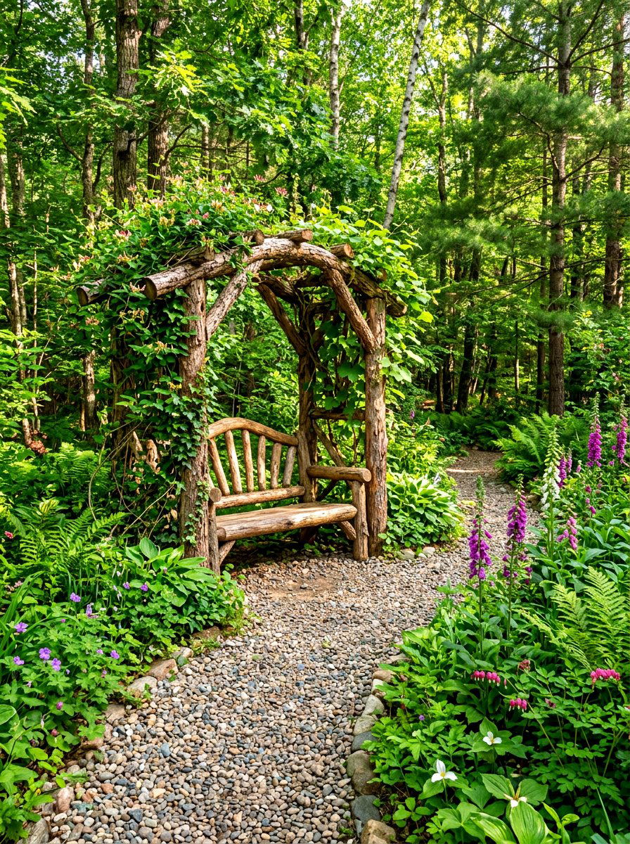 Rustic log arbor bench - 30 garden arbor seating ideas