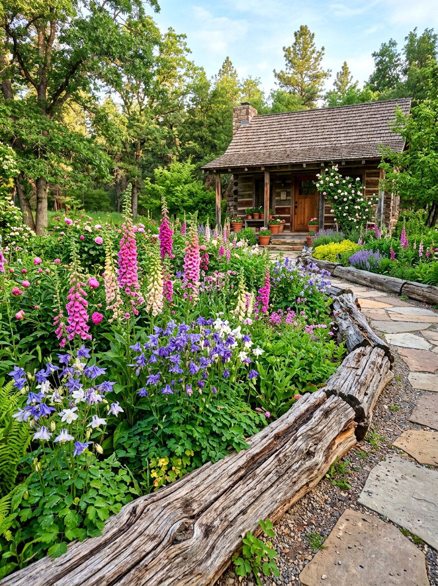 Rustic log border cottage garden - 30 flower bed around tree ideas