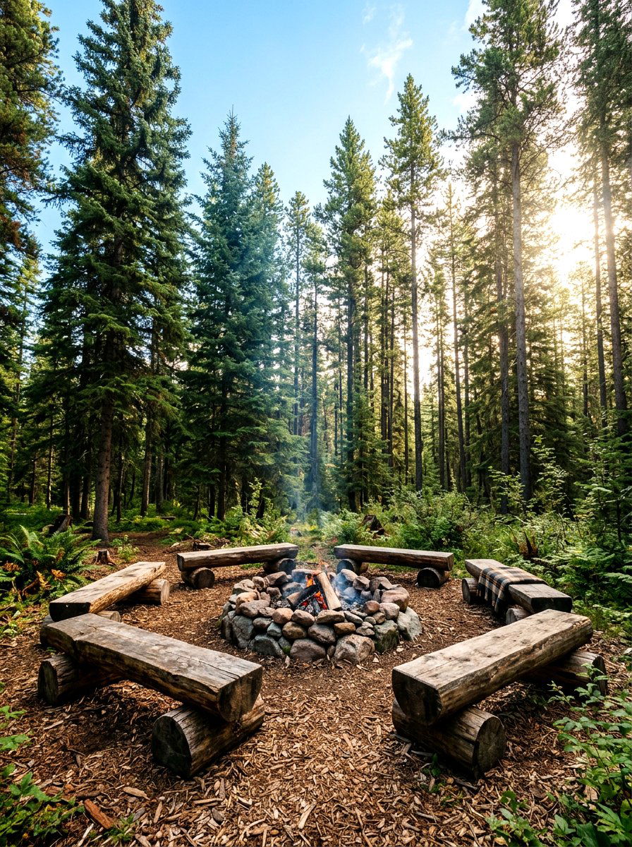 Rustic log campfire area - 30 backyard fireplace seating ideas