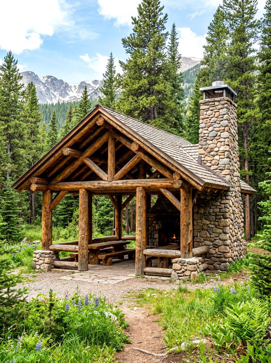 Rustic log pavilion - 30 hexagon pavilion ideas