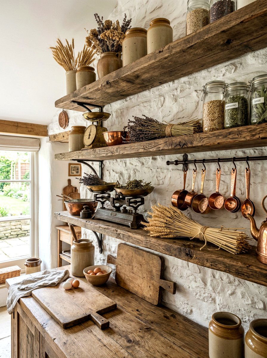 Rustic open shelving - 30 fall kitchen shelf decor ideas
