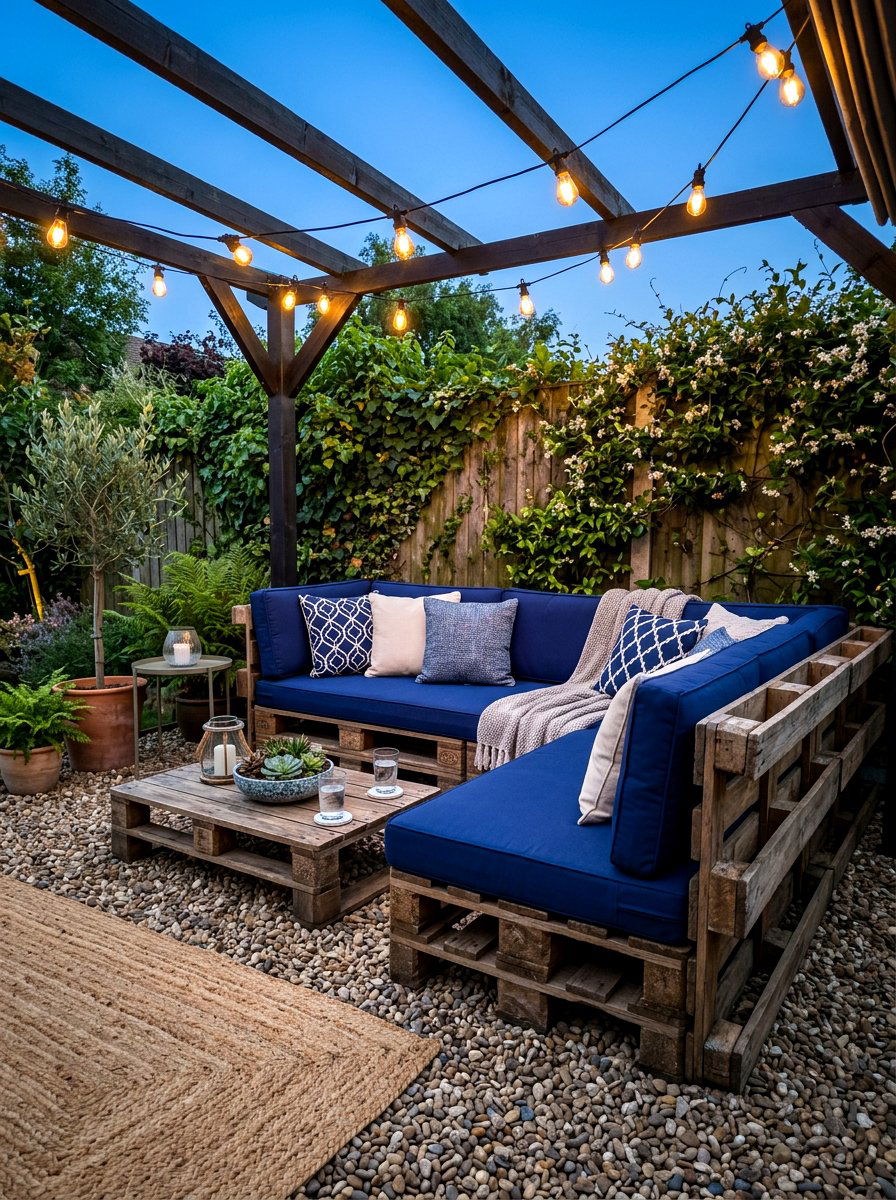 Rustic pallet sofa setup - 30 small courtyard seating ideas