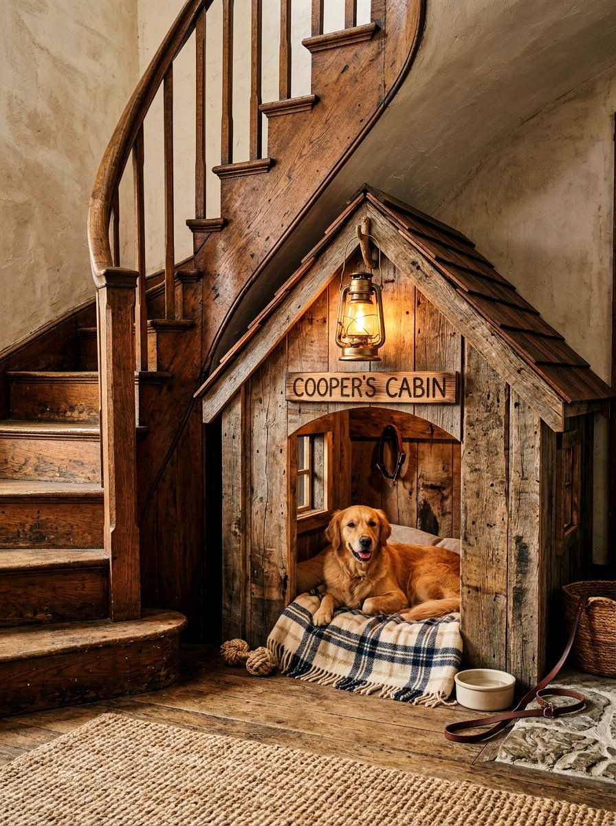 Rustic reclaimed wood dog house - 30 under stairs pet room ideas aesthetic