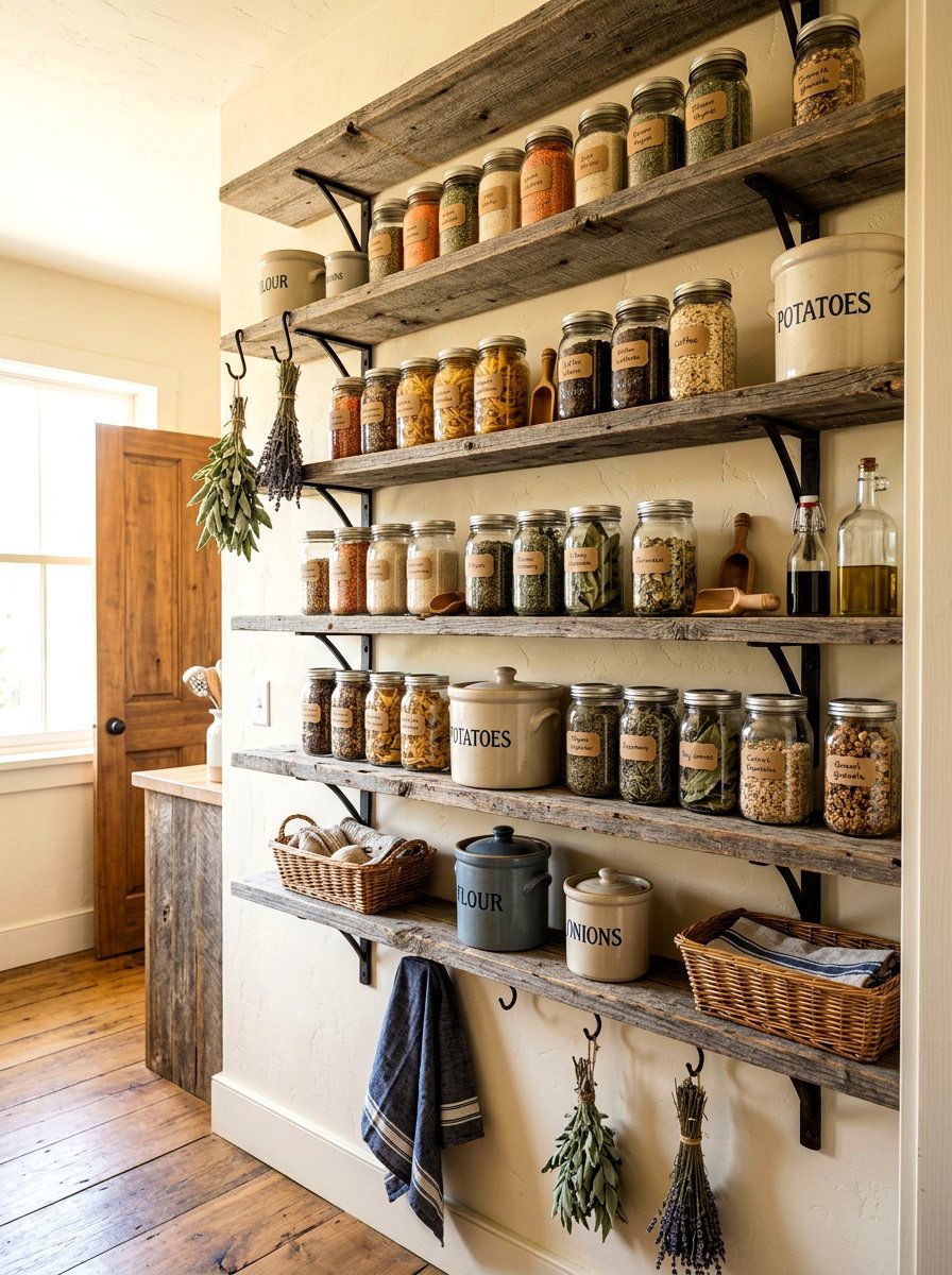 Rustic reclaimed wood pantry shelves - 30 pantry with open shelving ideas