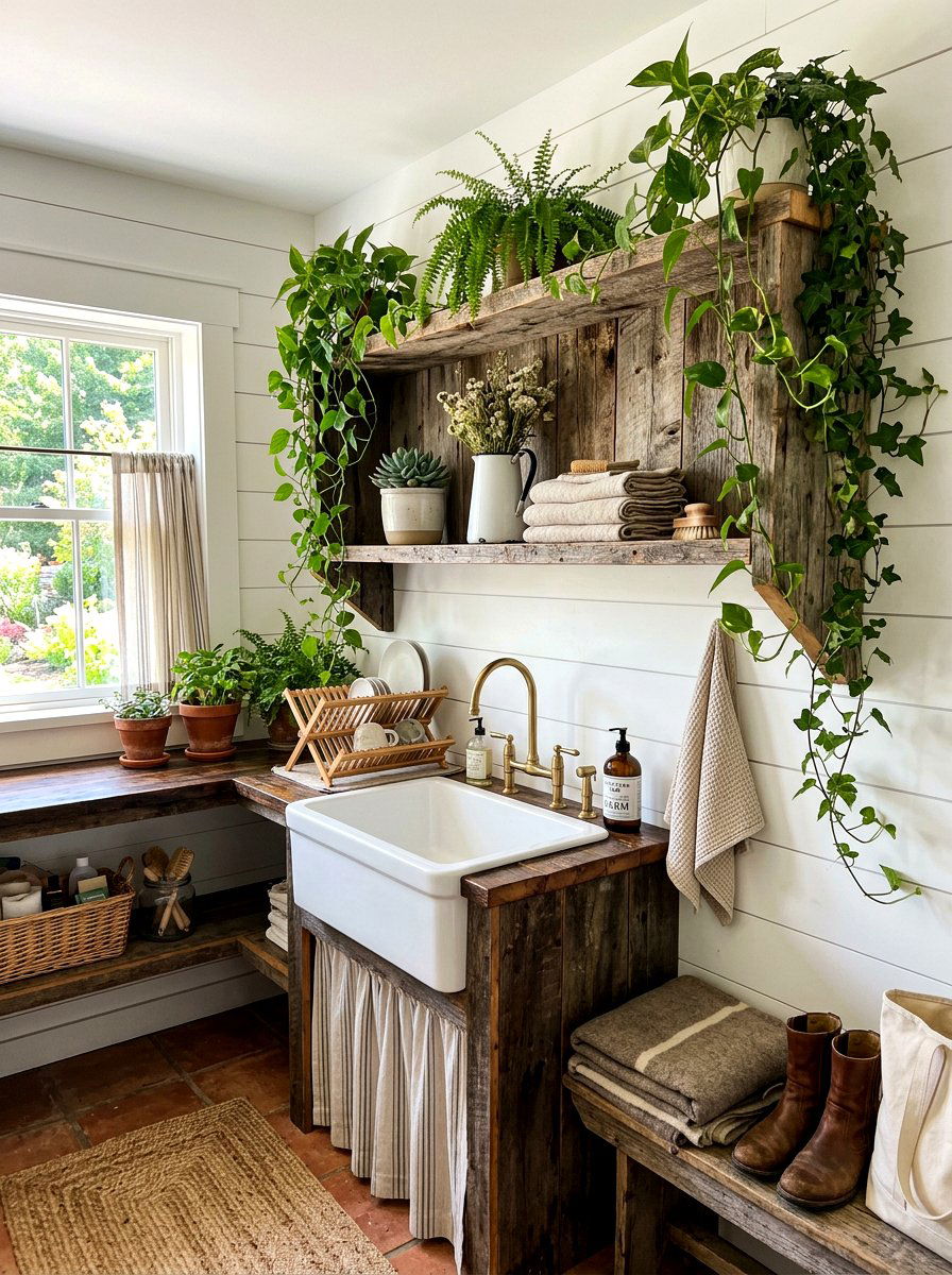 Rustic reclaimed wood shelf - 30 bathroom plant shelf ideas