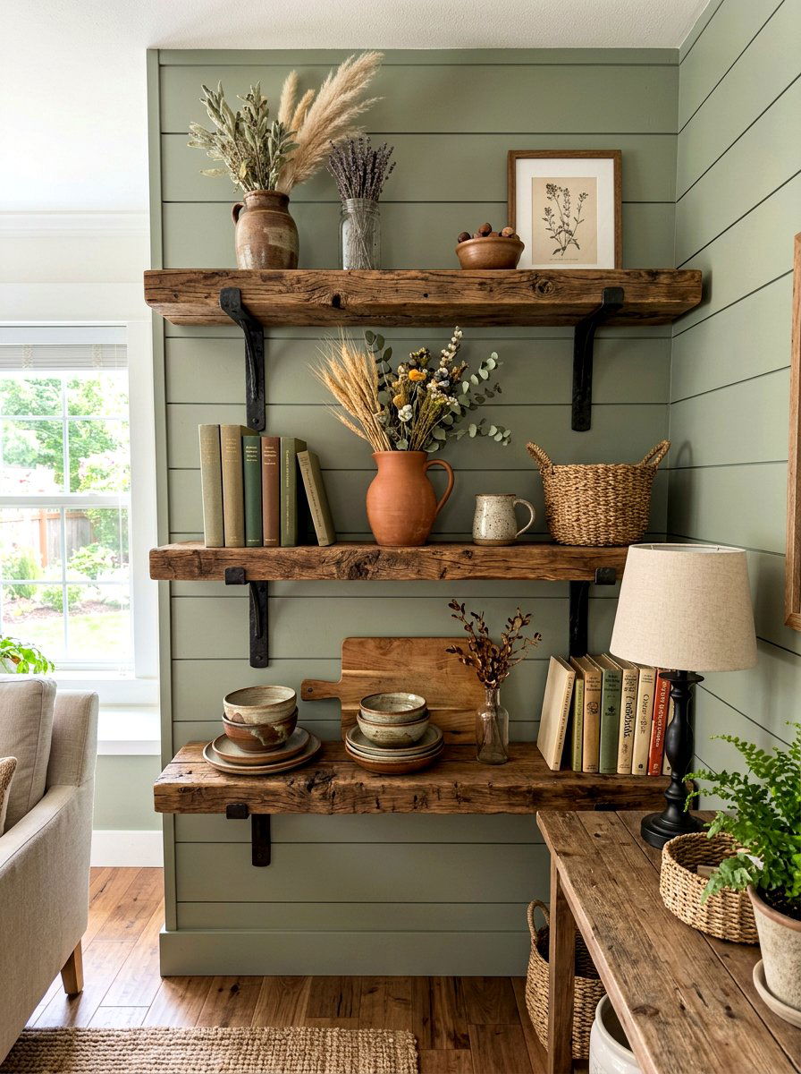 Rustic reclaimed wood shelves - 30 office shelving styling ideas
