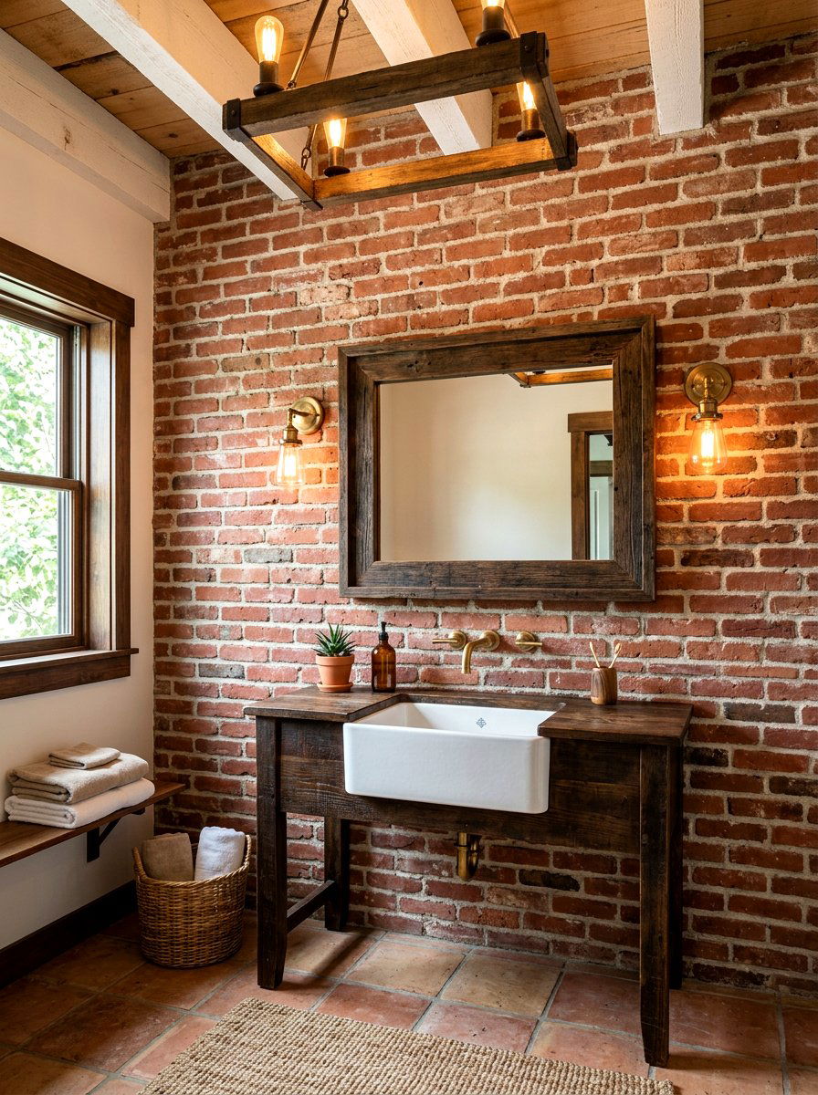 Rustic red brick wall tile - 30 removable tile bathroom ideas