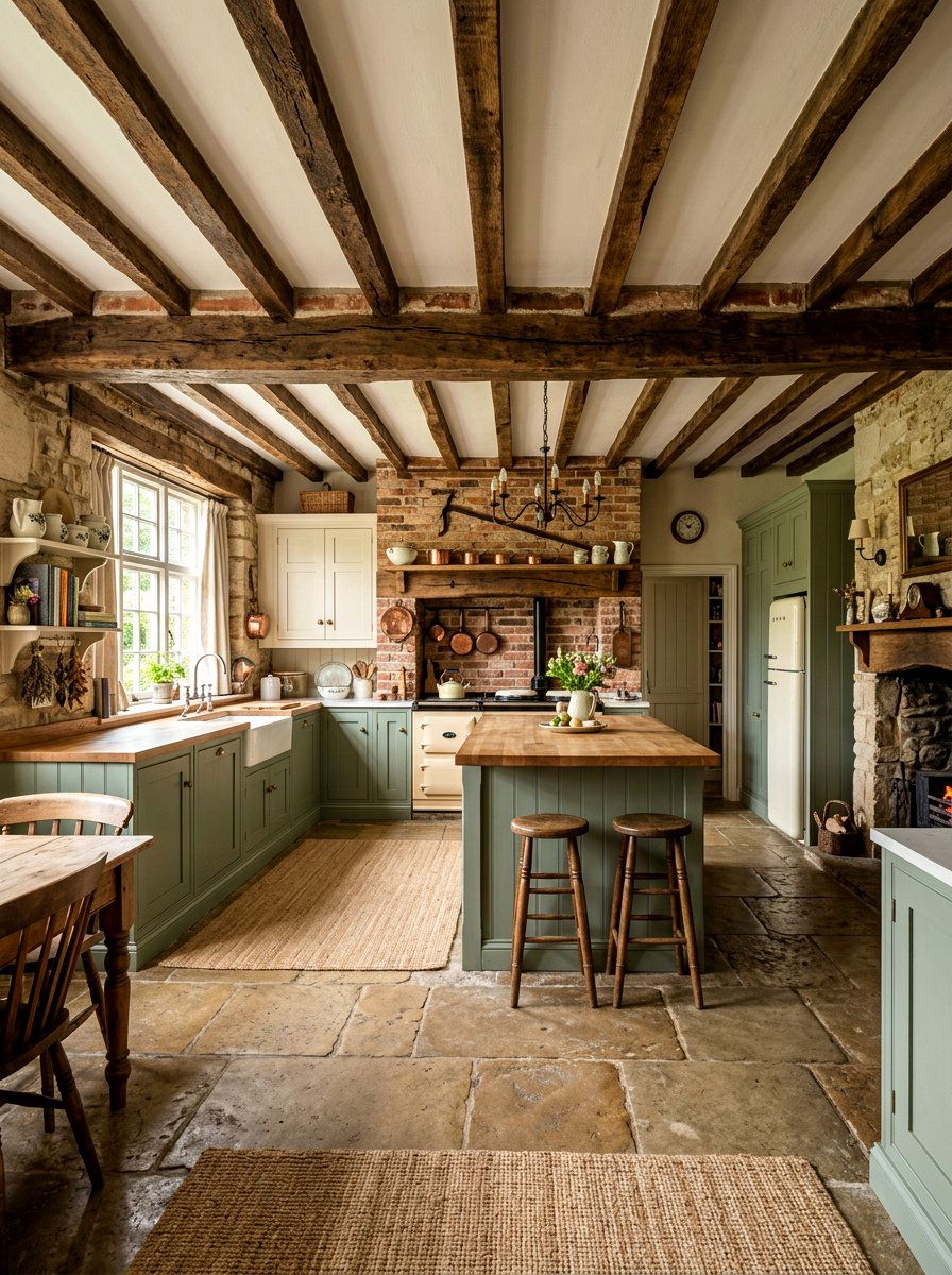 Rustic sage and cream kitchen with wood beams - 30 cream and sage kitchen ideas