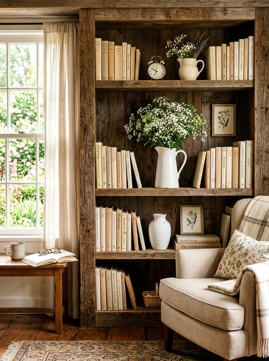 Rustic spring bookshelf - 30 bookshelf spring styling ideas