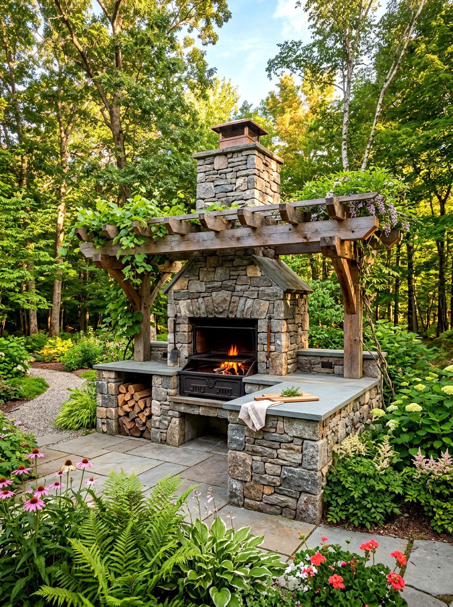Rustic stone grill station - 30 patio cooking area ideas