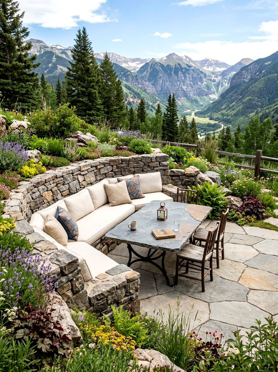 Rustic stone patio seating - 30 patio breakfast area ideas