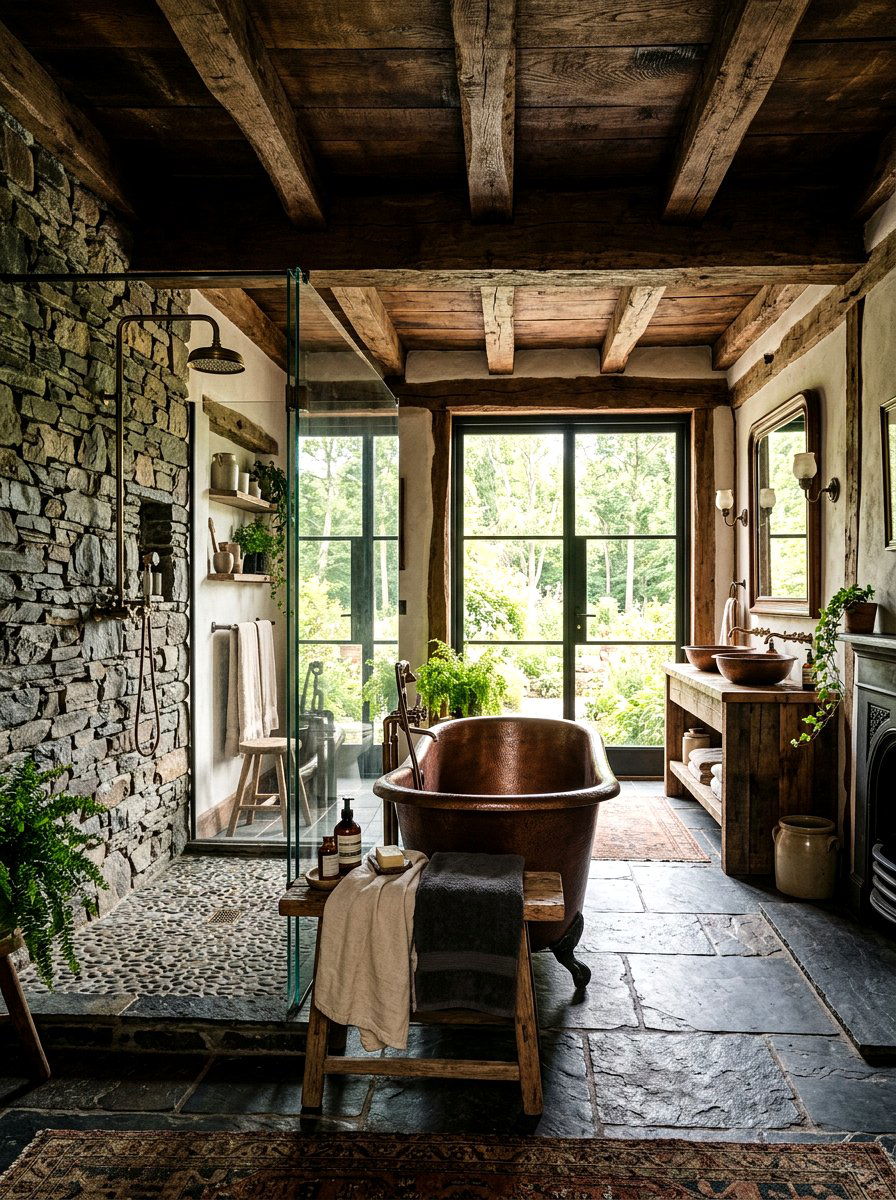 Rustic stone shower wall - 30 niche tile contrast ideas