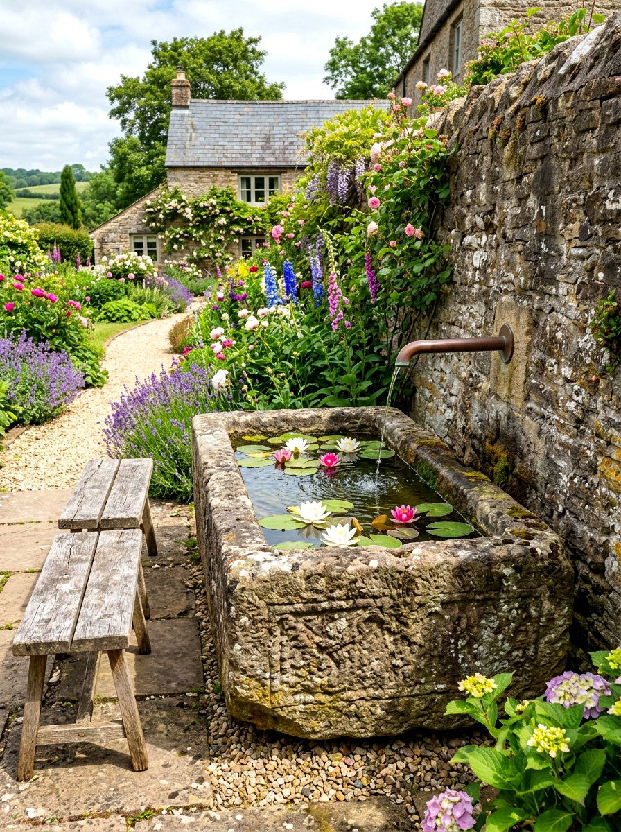 Rustic stone trough - 30 courtyard fountain garden ideas