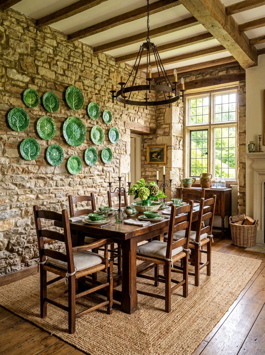 Rustic stone walls with cabbage decor - 30 cabbagecore dining room ideas