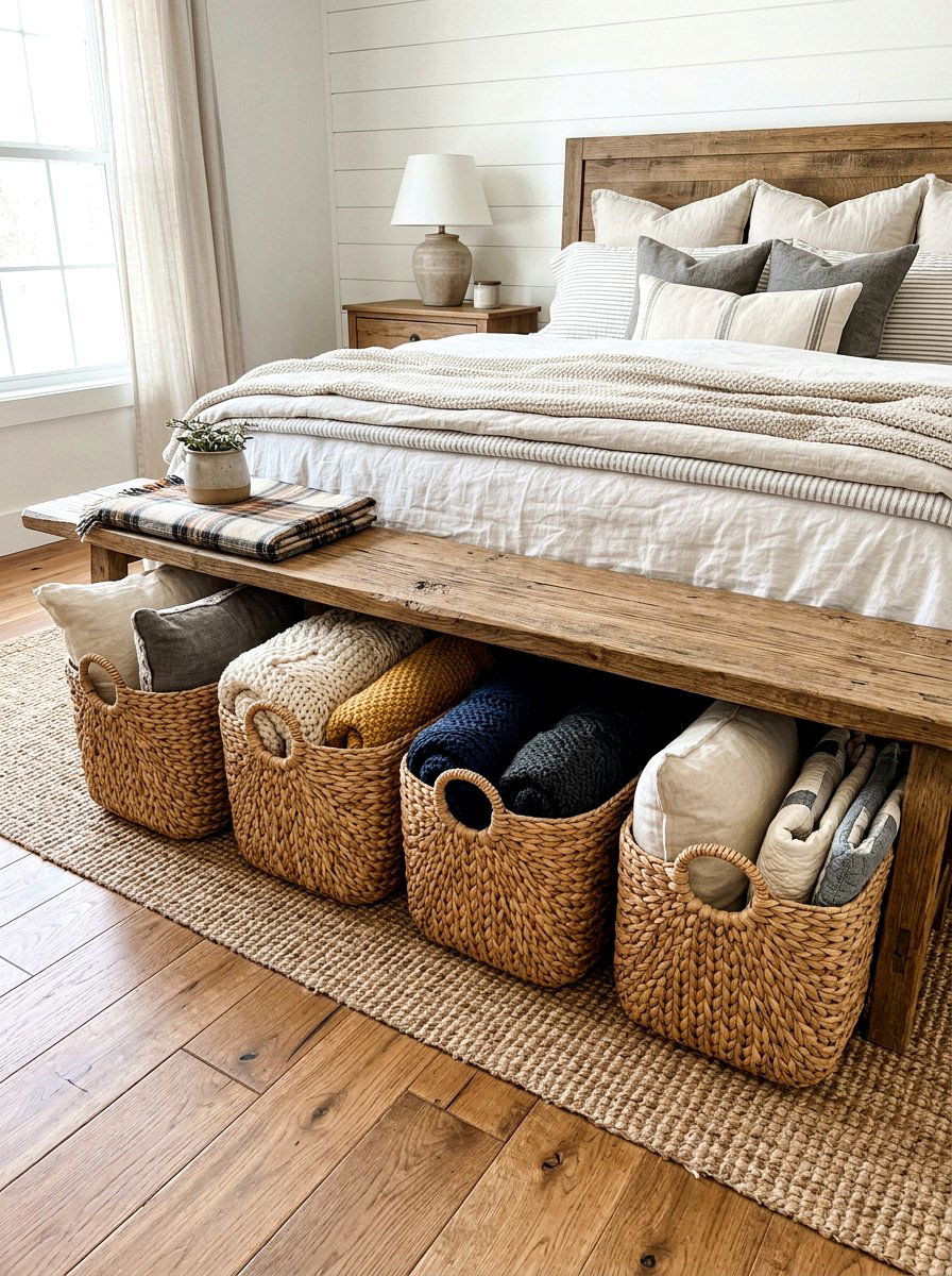 Rustic storage with woven baskets - 30 phone free bedroom ideas for adults