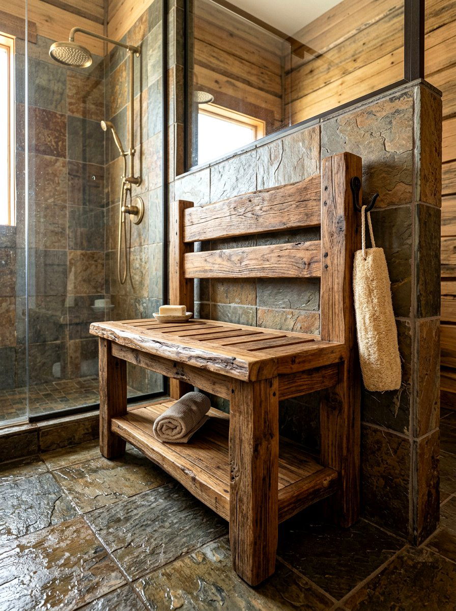 Rustic teak shower bench - 30 shower bench ideas