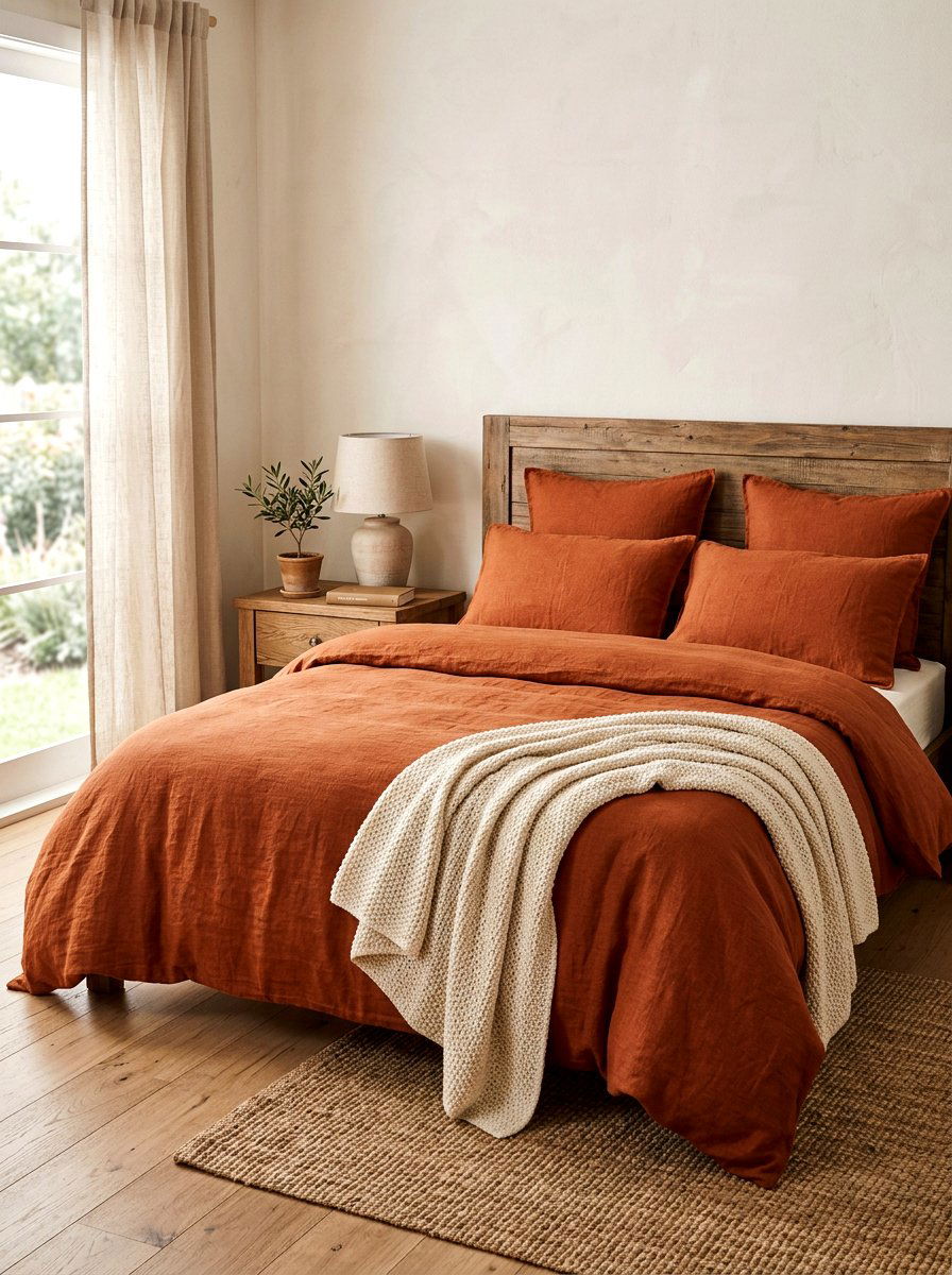 Rustic terracotta linen bedding - 30 tailored bedding ideas