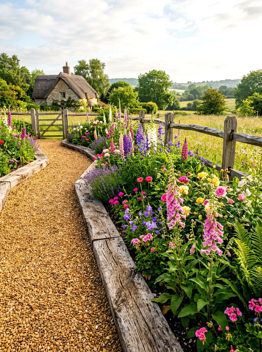 Rustic timber and gravel border - 30 gravel border garden ideas