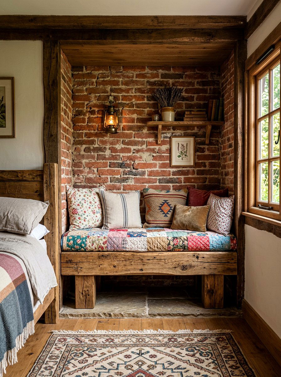 Rustic timber bench - 30 bedroom alcove seating ideas