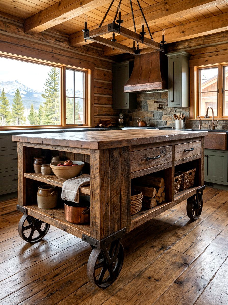 Rustic timber kitchen island with industrial wheels - 30 movable kitchen island ideas