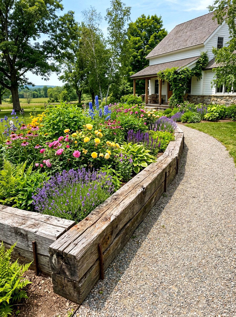 Rustic timber sidewalk border - 30 sidewalk garden ideas