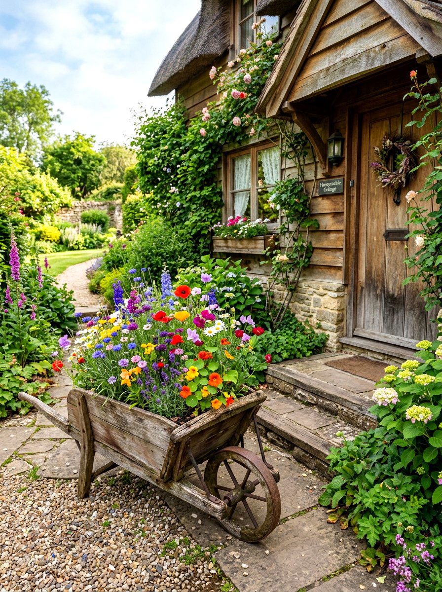 Rustic wheelbarrow planter - 30 porch step planter ideas