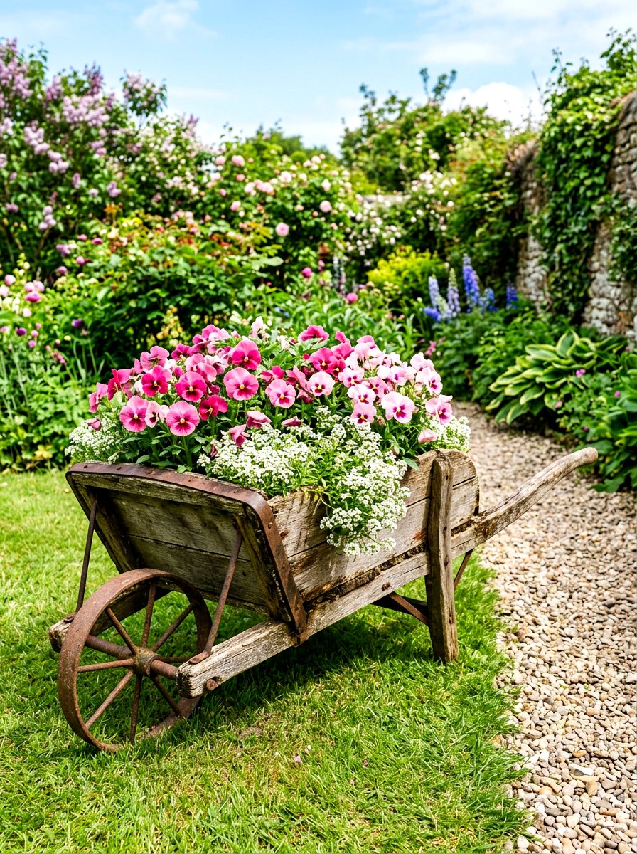 Rustic wheelbarrow planter - 30 garden inspired spring decor ideas