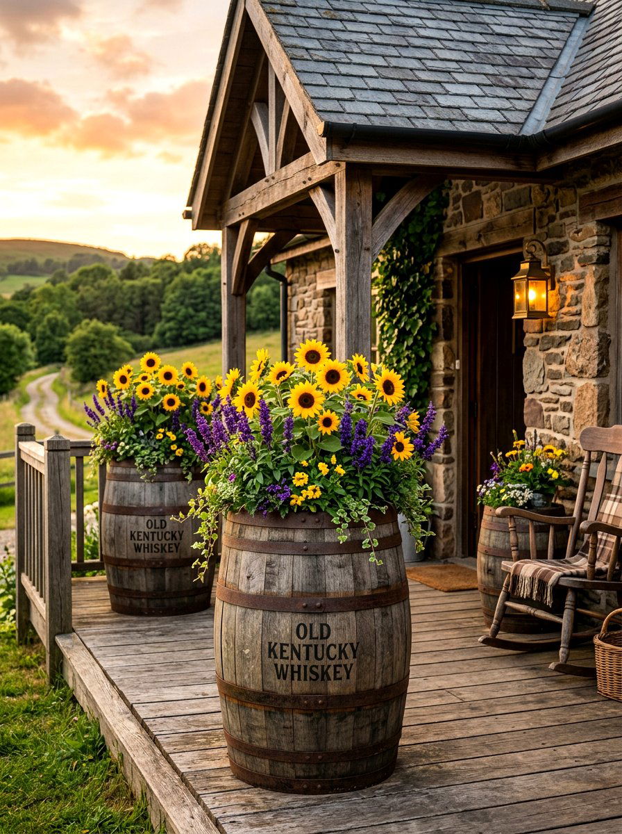 Rustic whiskey barrel porch planters - 30 front porch planter ideas