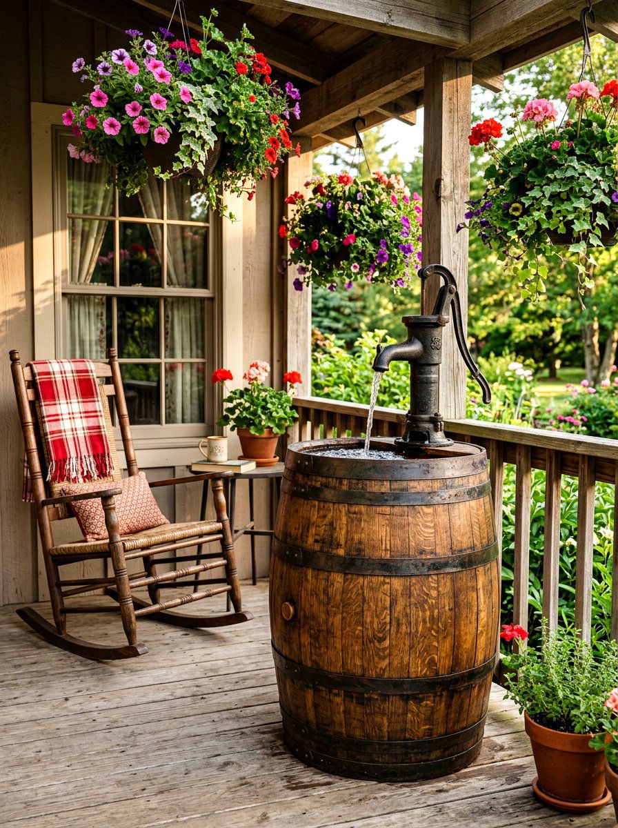 Rustic wood barrel fountain - 30 front yard water feature ideas