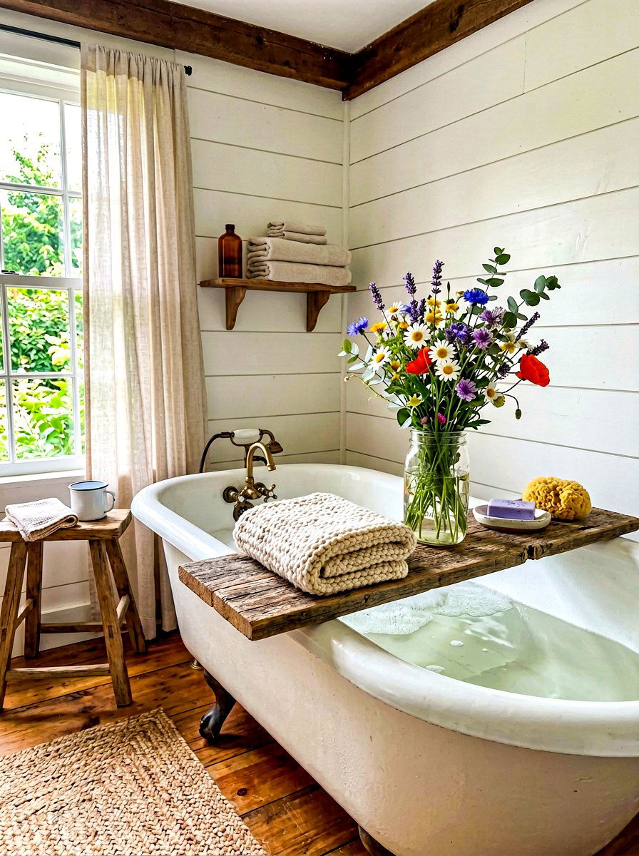 Rustic wood bath tray - 30 tub tray styling ideas