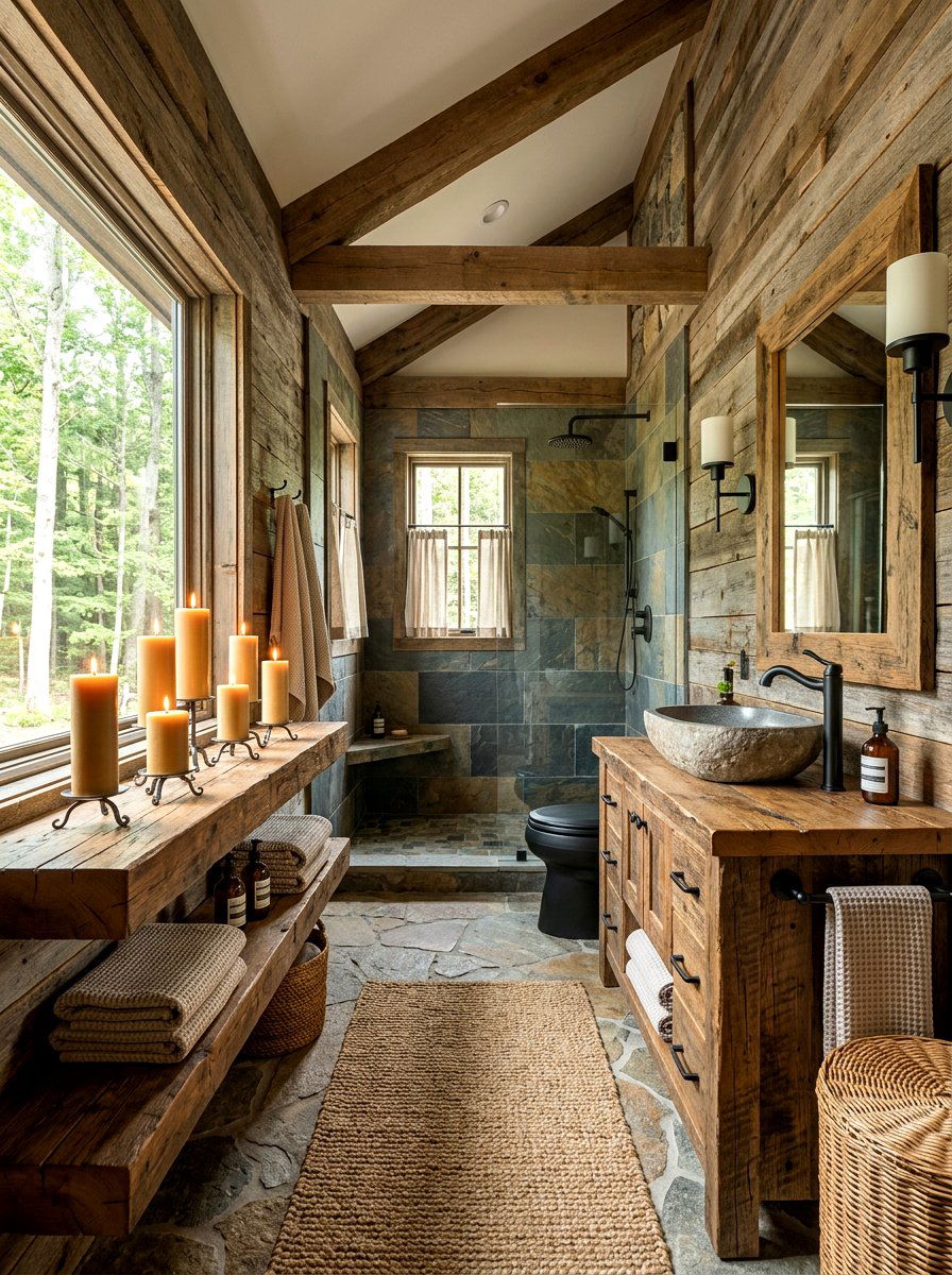 Rustic wood bathroom with pillar candles - 30 candlelit bathroom ideas