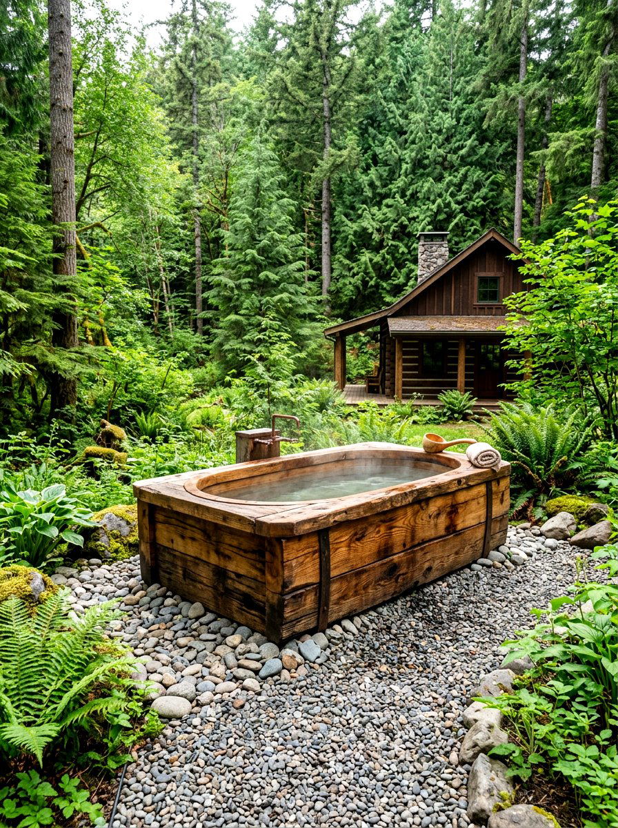 Rustic wood bathtub - 30 outdoor bath ideas