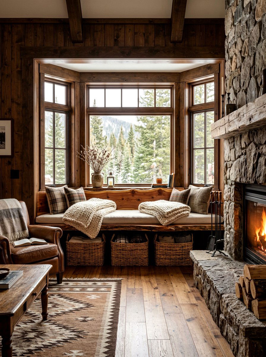 Rustic wood bay window seating - 30 bay window seating living room ideas