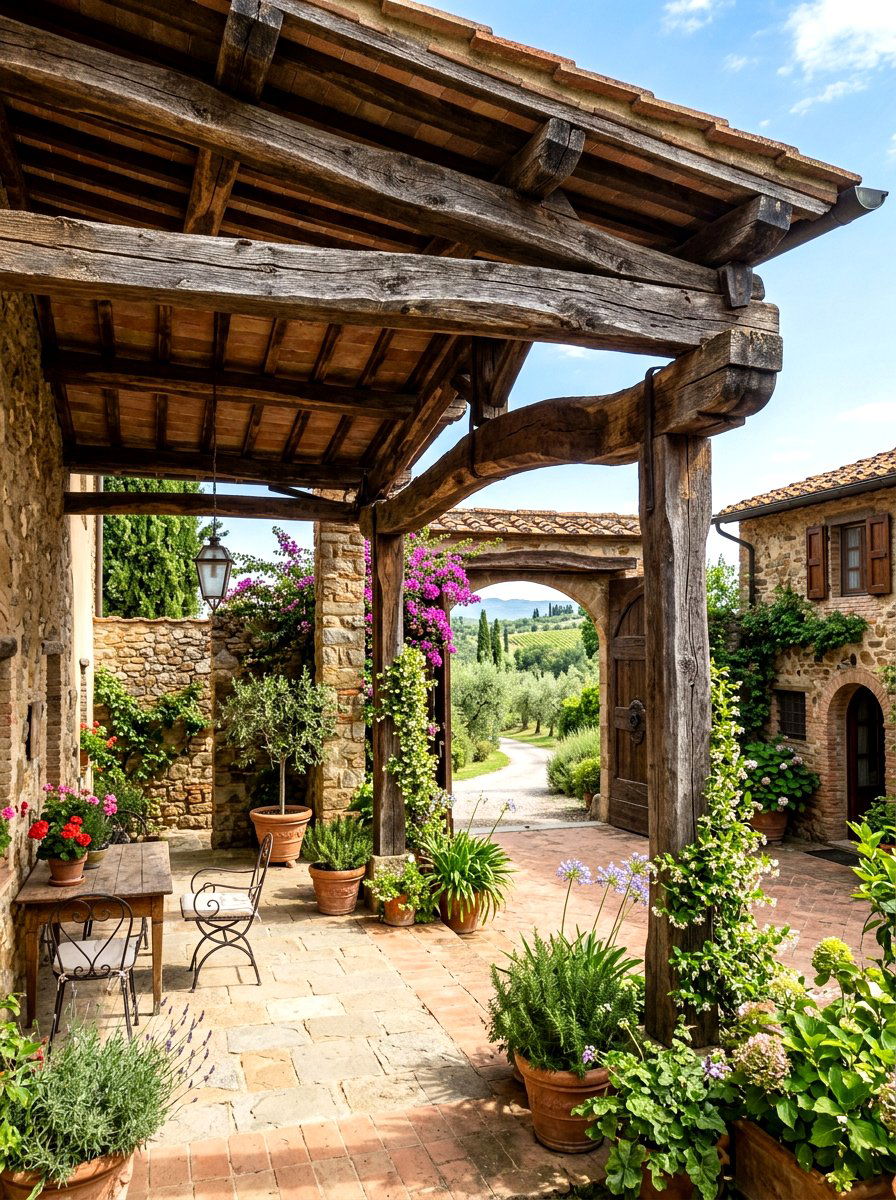 Rustic wood beam courtyard - 30 Mediterranean front courtyard ideas