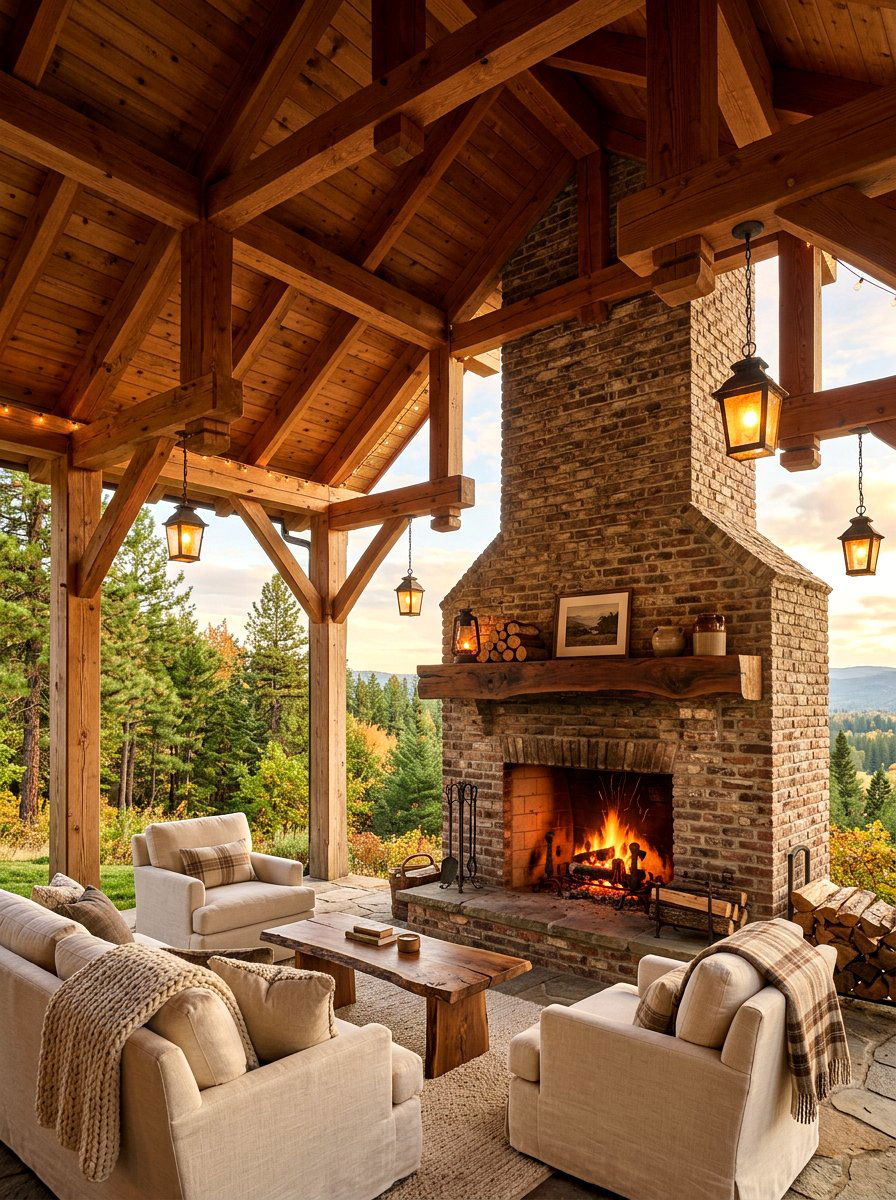 Rustic wood beam fireplace pavilion - 30 pavilion fireplace ideas
