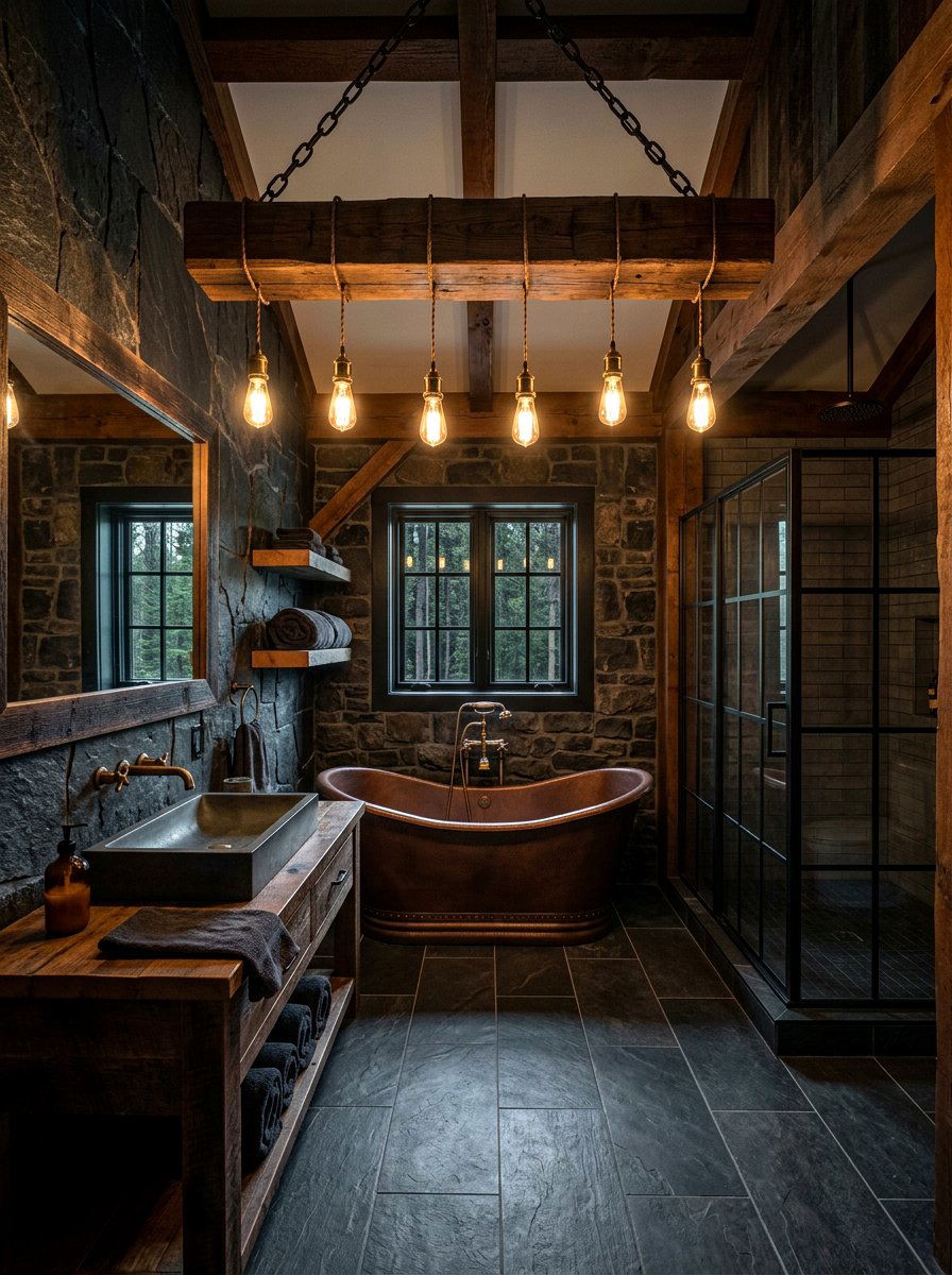 Rustic wood beam light - 30 moody bathroom lamp ideas