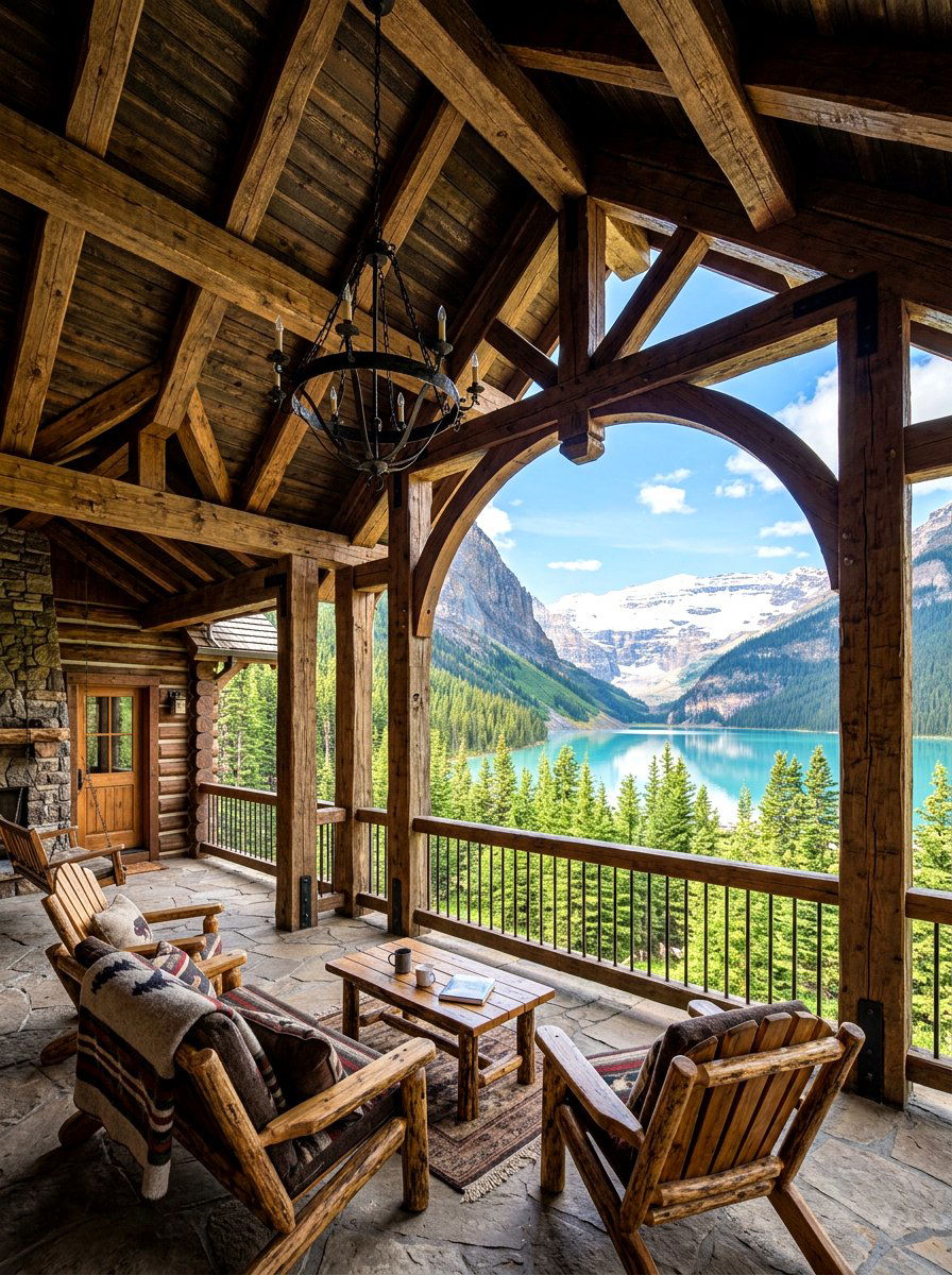 Rustic wood beam porch - 30 lake house porch ideas