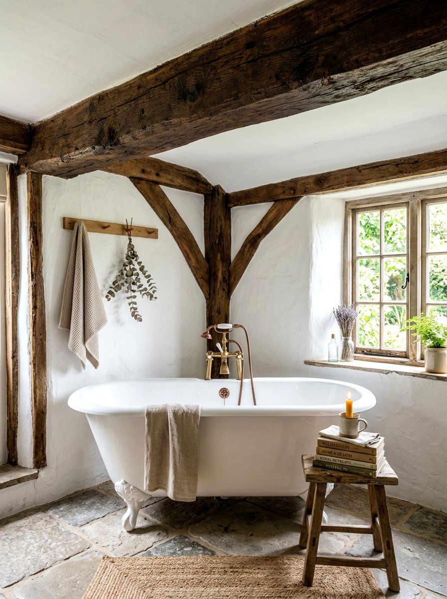 Rustic wood beam tub nook - 30 tub nook bathroom ideas