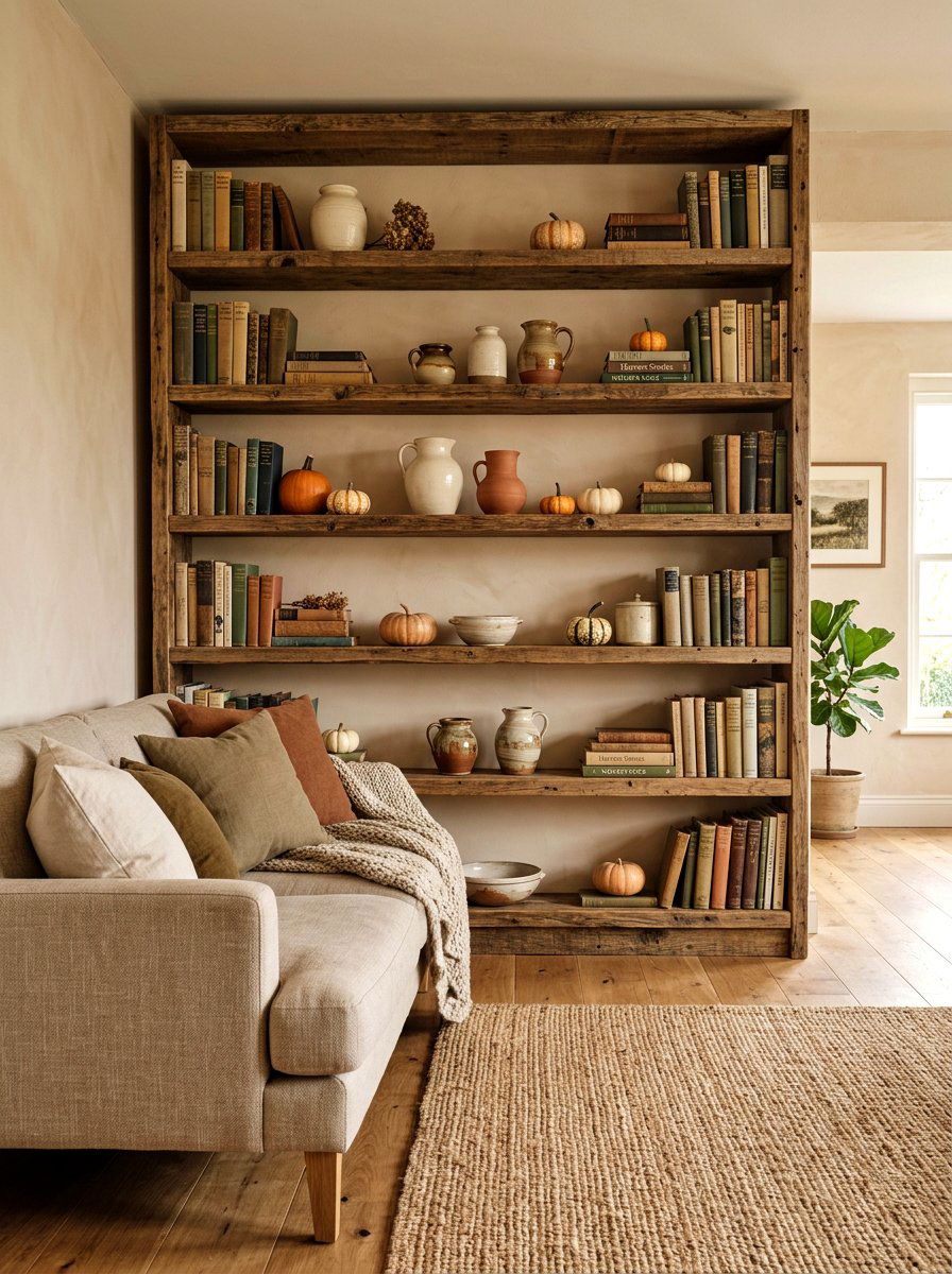 Rustic wood bookshelf - 30 cozy library fall ideas
