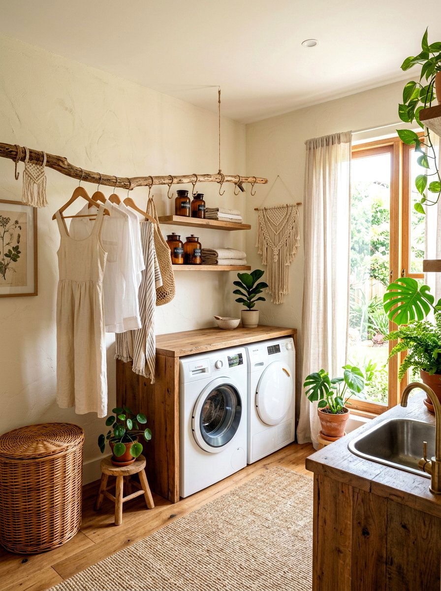 Rustic wood branch laundry rod - 30 laundry room hanging rod ideas