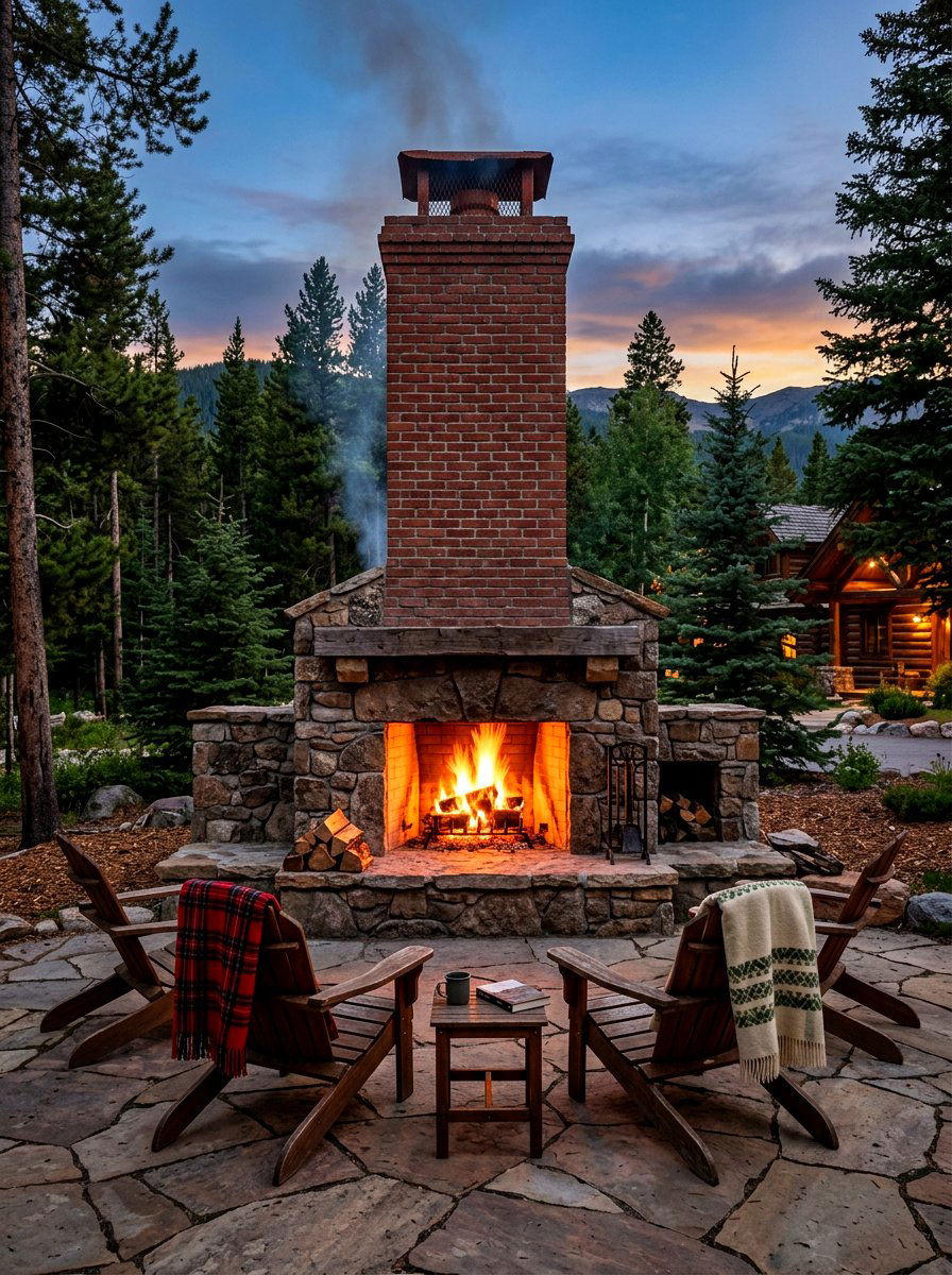 Rustic wood burning chimney - 30 patio fireplace lounge ideas