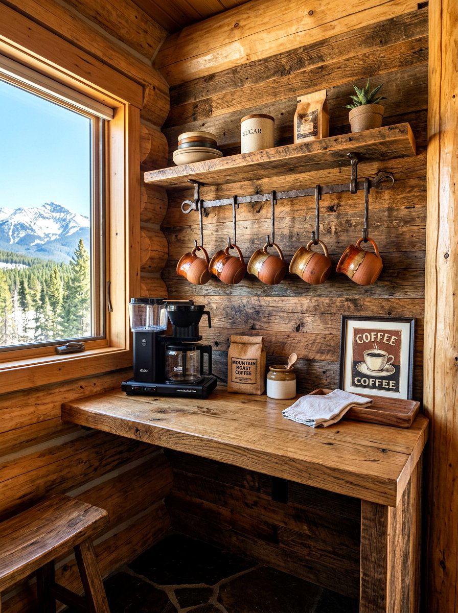 Rustic wood coffee nook - 30 breakfast station ideas