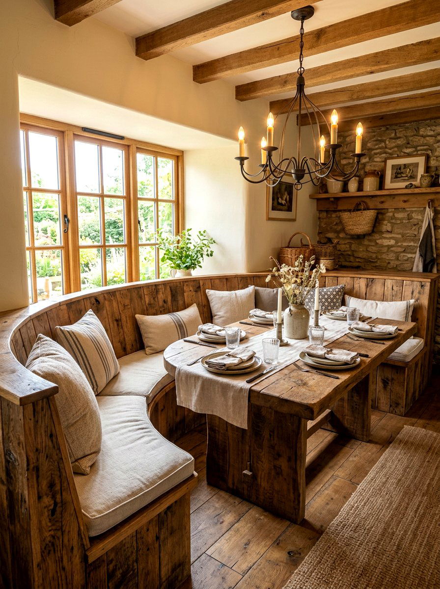 Rustic wood curved bench - 30 curved banquette dining ideas