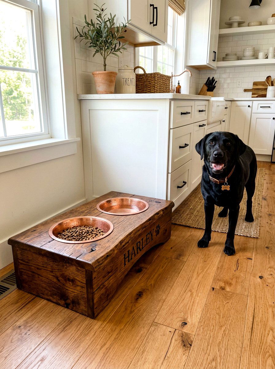 Rustic wood dog feeding station - 30 pet station kitchen ideas