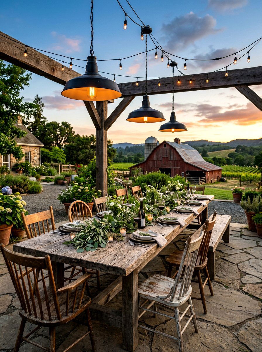 Rustic wood farm table hosting - 30 starlit patio hosting ideas