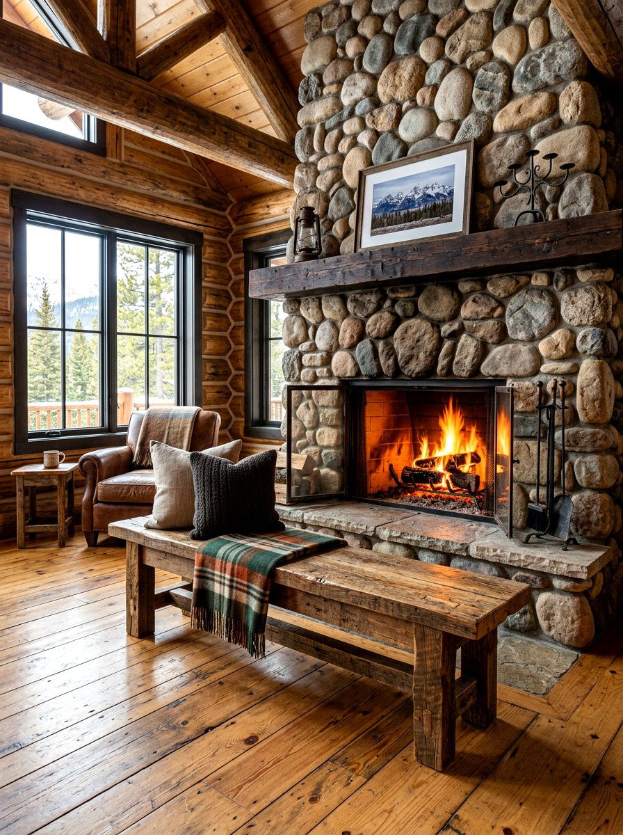Rustic wood fireplace bench - 30 hearth seating ideas