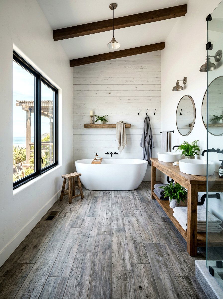 Rustic wood floor bathroom - 30 nautical bathroom ideas